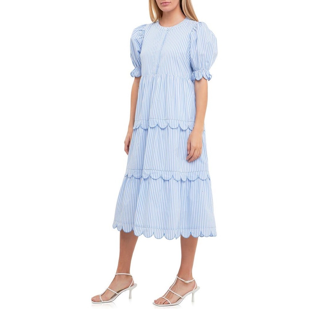 English Factory Stripe Scallop Edge Tiered Midi Dress Blue White Puff Sleeve S